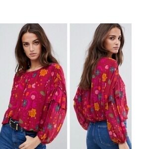 Free People Wildflower Honey Blouson Peasant Top berry combo floral sz S boho